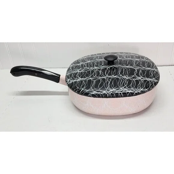 1950's Vintage Serendipity Spaghetti String Pink & Black Abstract Enamel Skillet - Picture 4 of 16